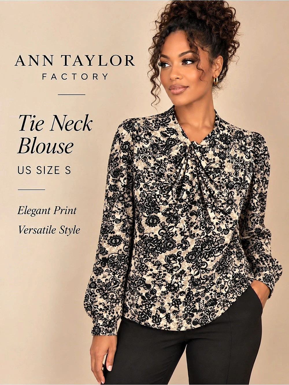 Ann Taylor Factory Floral Tie Neck Blouse Black Ivory Size S